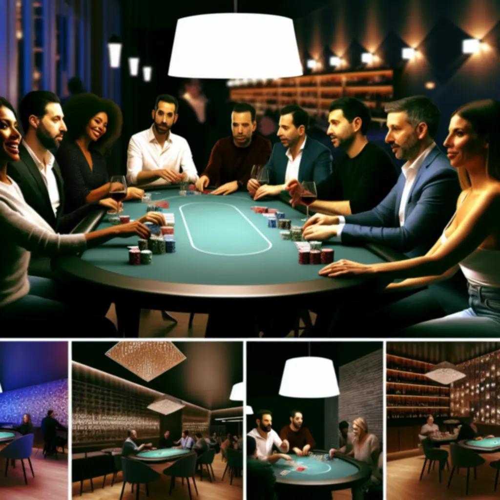 Stół pokerowy podczas klimatycznego wieczoru, uczestnicy skupieni na rozgrywce.