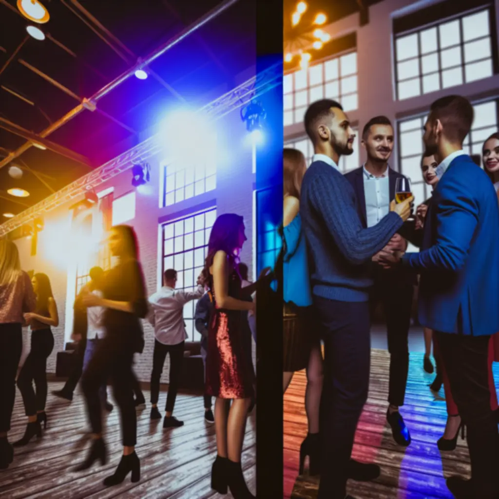 Energetyczne, tematyczne wydarzenie Night Vibe Factory z kolorowym oświetleniem
